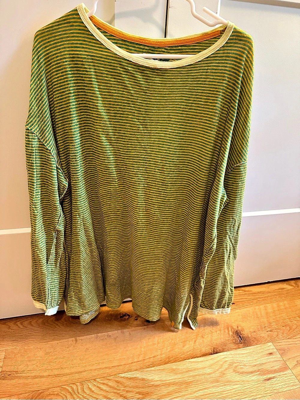 We The Free Women's Striped Linen Cotton Long Sleeve Top in Green &